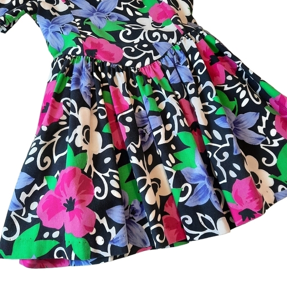 VINTAGE 90s Dress size 6X Bright Floral Cotton Full Skirt Padded Shoulders - Picture 3 of 8